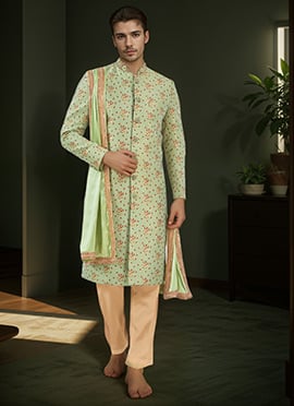 Green Jacquard Silk Classic Sherwani
