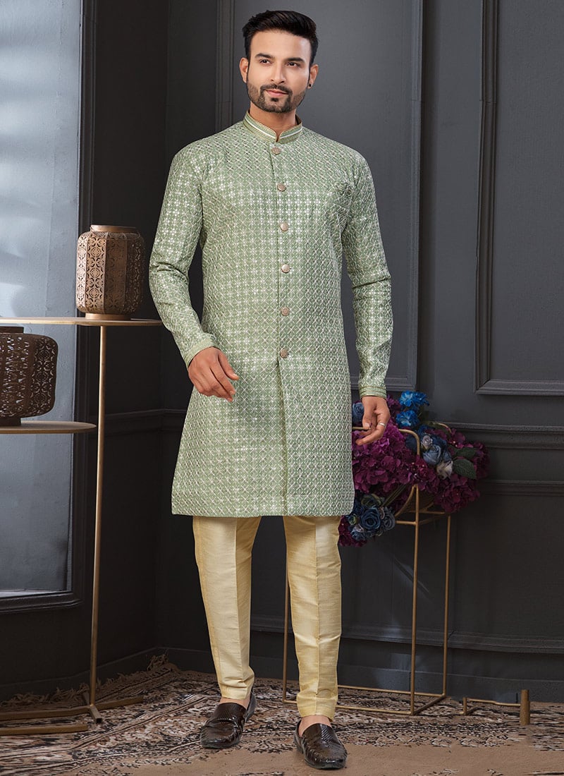 Green Jacquard Silk Embroidered Sequins Indowestern Sherwani Wedding Wear
