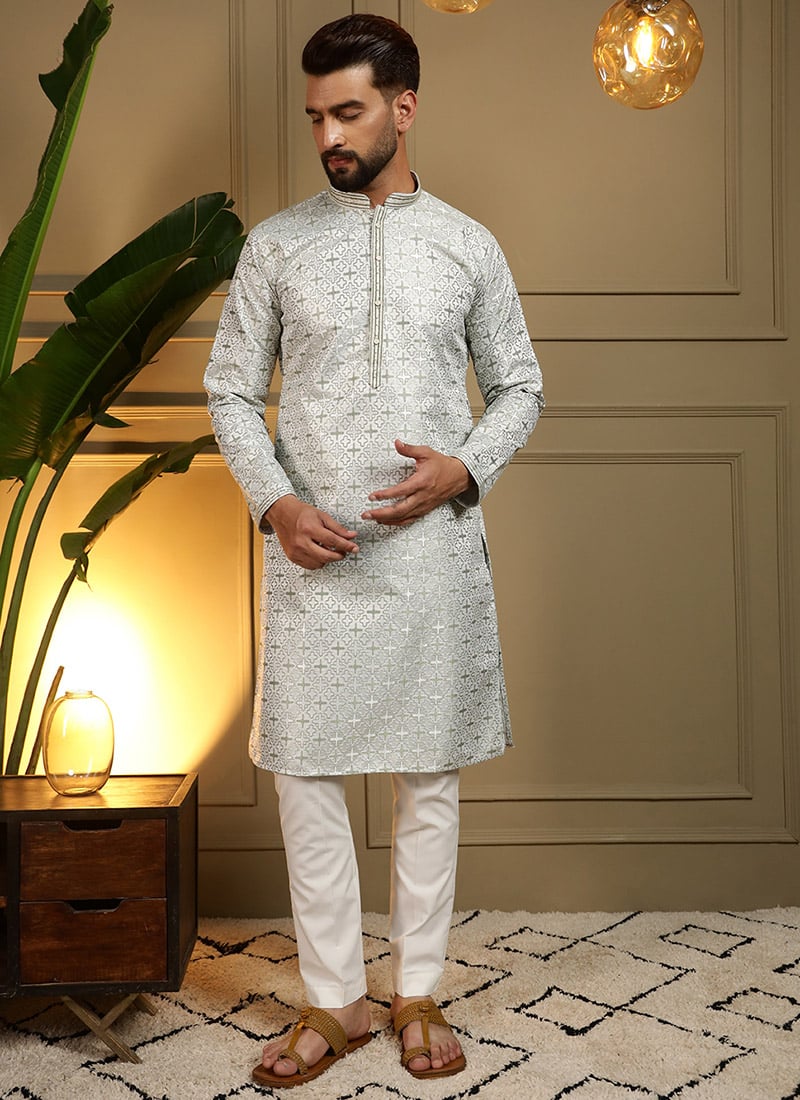 Green Jacquard Silk Embroidered Sequins Kurta Pyjama Festive Wear