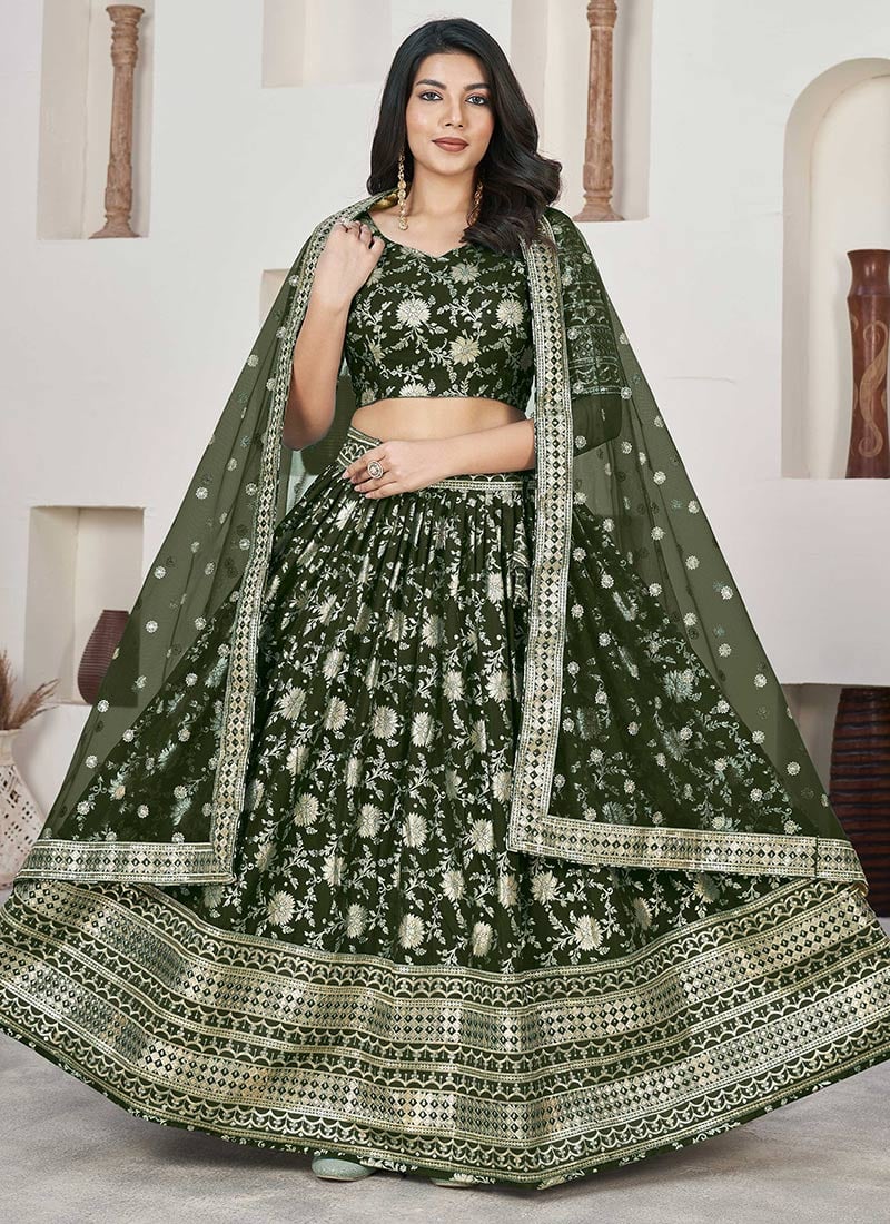 Green Jacquard Silk Embroidered Umbrella Lehenga Party Wear