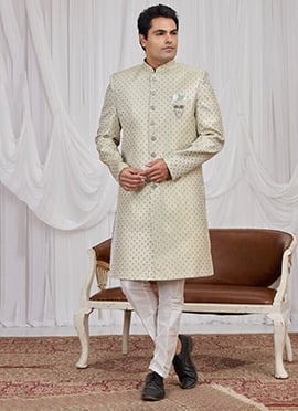 Green Jacquard Silk Indowestern Sherwani