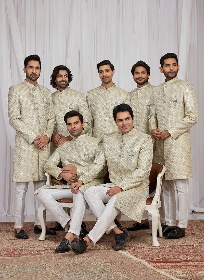 Green Jacquard Silk Indowestern Sherwani Wedding Wear