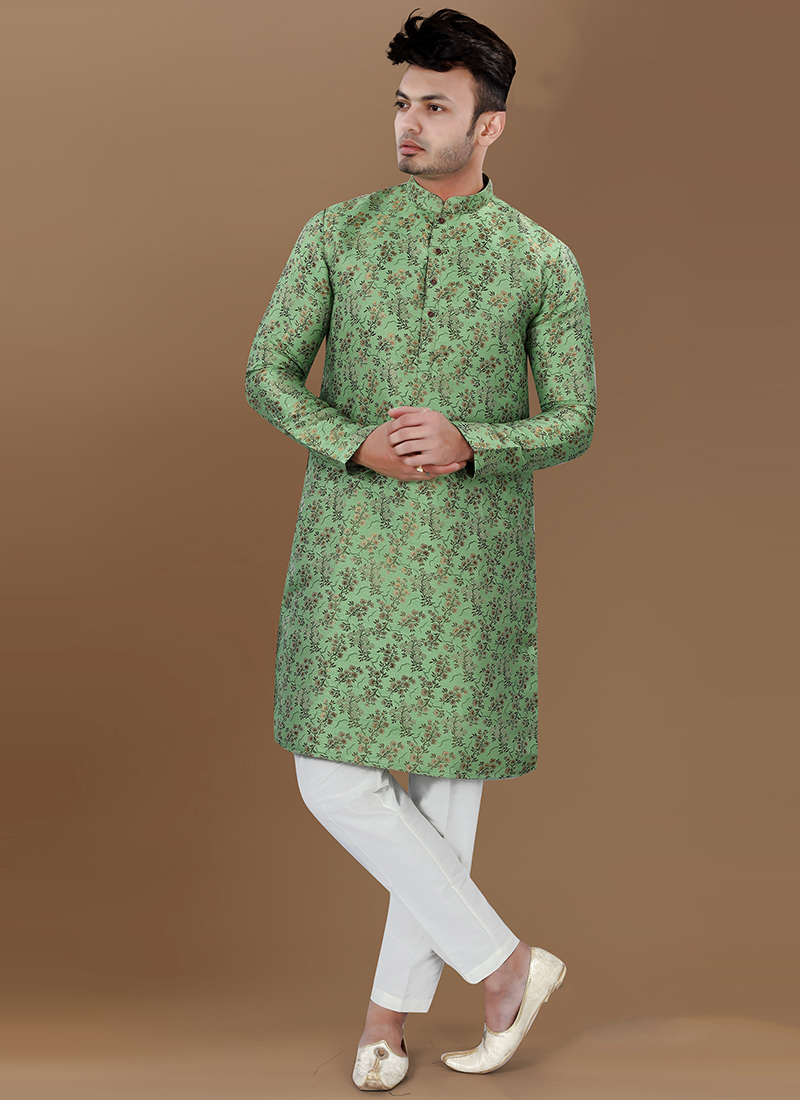 Green Jacquard Silk Kurta Pyjama Festive Wear