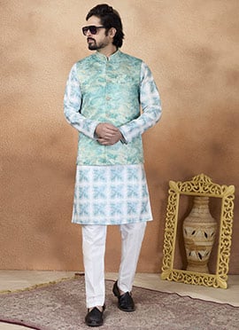 Green Jacquard Silk Nehru Jacket For Men