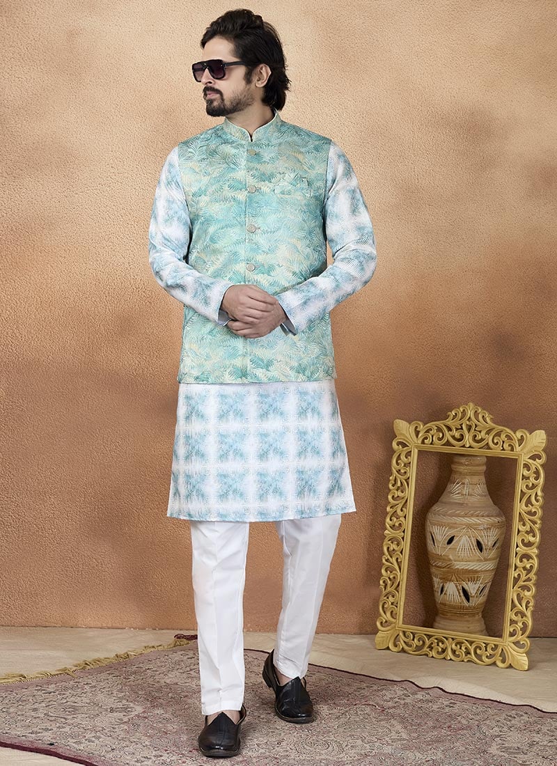 Green Jacquard Silk Nehru Jacket For Men
