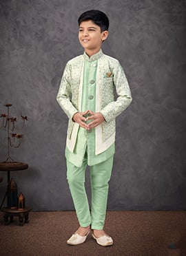 Green Jacquard Silk Printed With Zari Work Boys Indowestern Sherwani