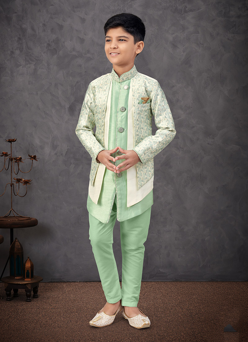 Green Jacquard Silk Printed With Zari Work Boys Indowestern Sherwani Wedding Wear