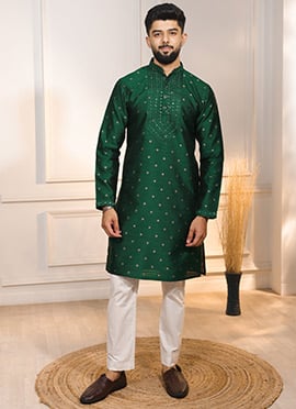 Green Jacquard Silk Thread Embroidered Kurta Pyjama