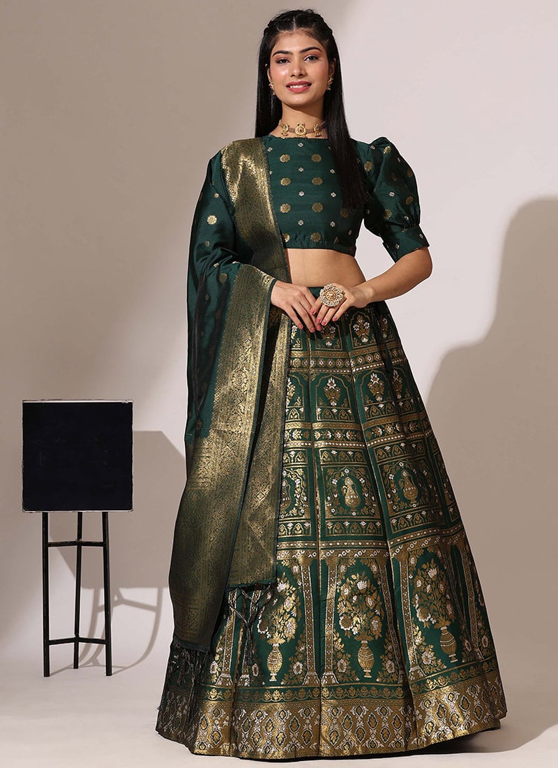 Green Jacquard Silk Zari A Line Lehenga