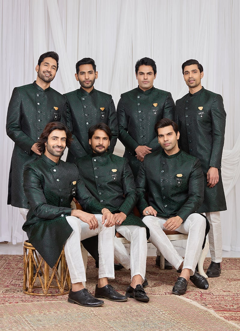 Green Jacquard Silk Zari Indowestern Sherwani Wedding Wear