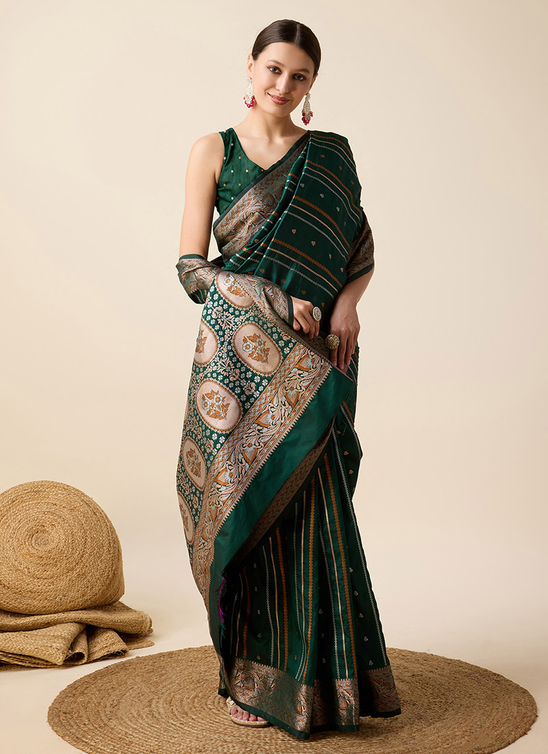 Green Jacquard Silk Zari Saree Festive Wear