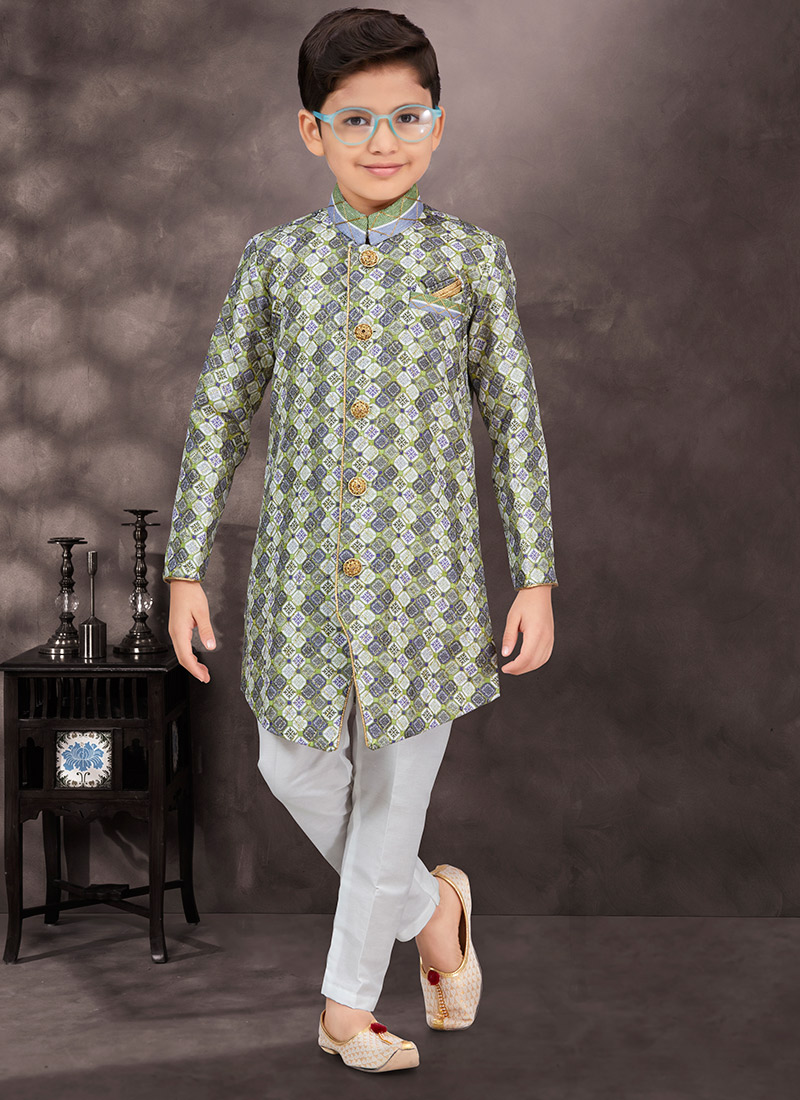 Green Jacquard Thread Embroidered Printed Indowestern Sherwani For Stylish Wedding Wear