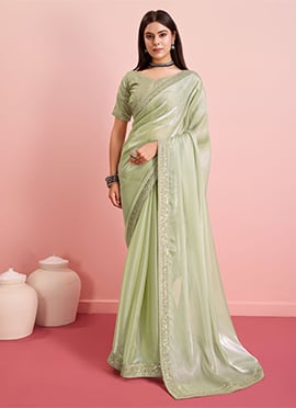 Green Organza Embroidered Sequins Border Saree For Women