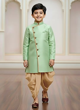 Green Jute Silk Indowestern Sherwani Kids Boys