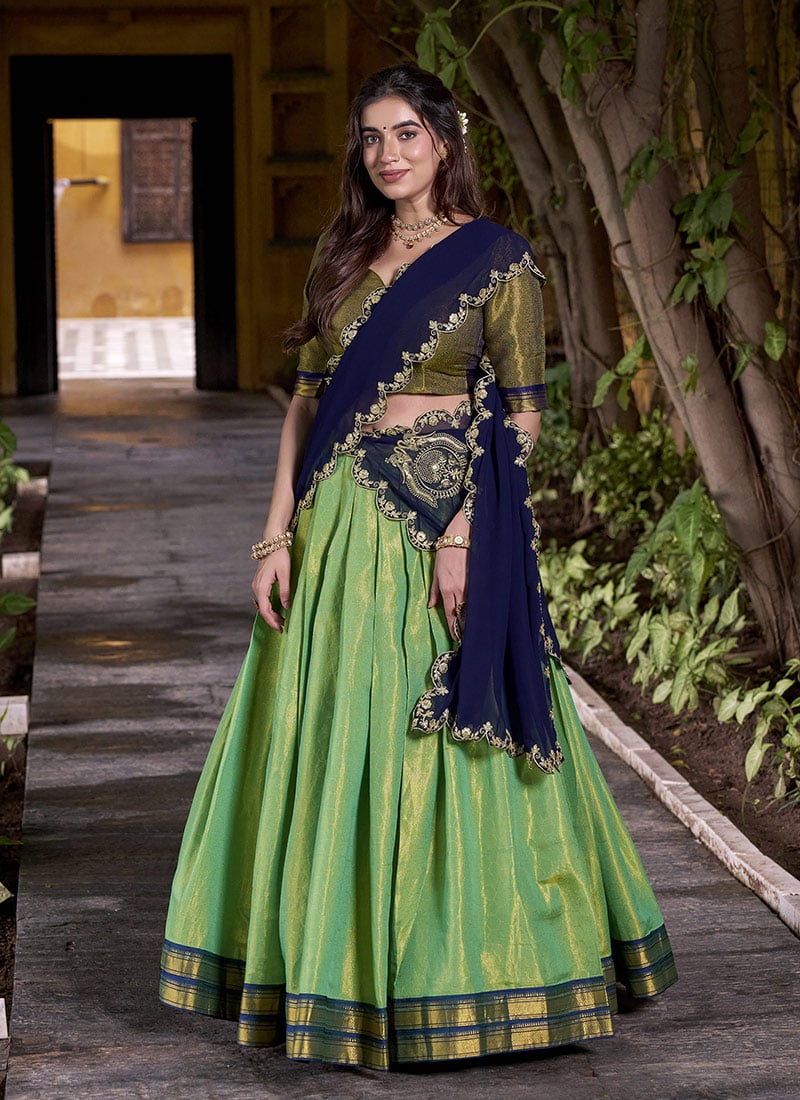 Green Kanchipuram Silk Zari Embroidered Sequins Lehenga  Festive Wear