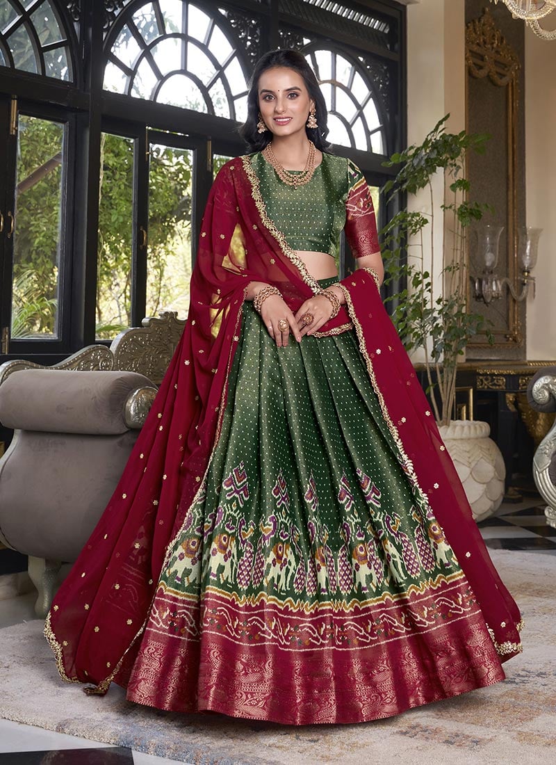 Green Kanchipuram Silk Zari Embroidered Sequins With Patola Print Lehenga Festive Wear