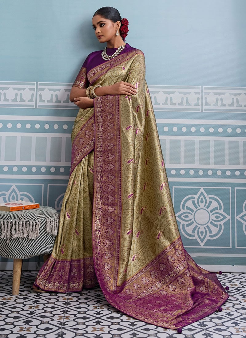 Green Kanjivaram Soft Silk Zari Saree Festive Wear