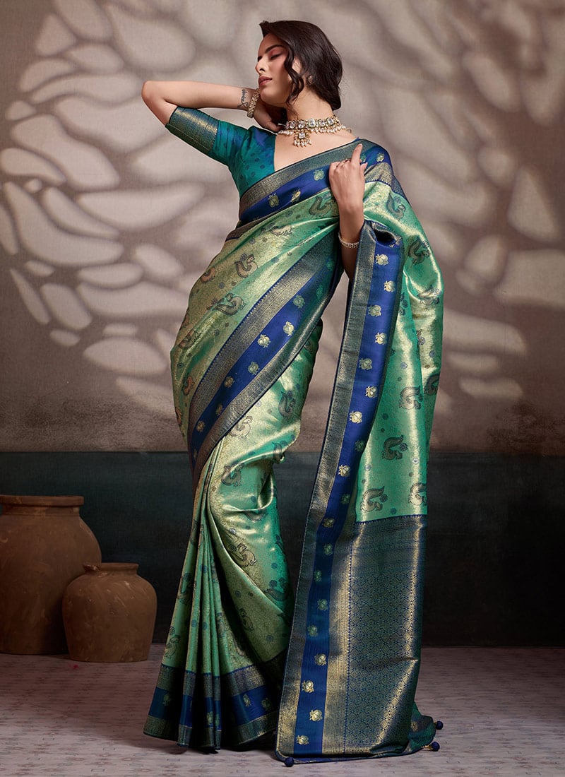 Green Kanjivaram Soft Silk Zari Woven Saree Festive Wear