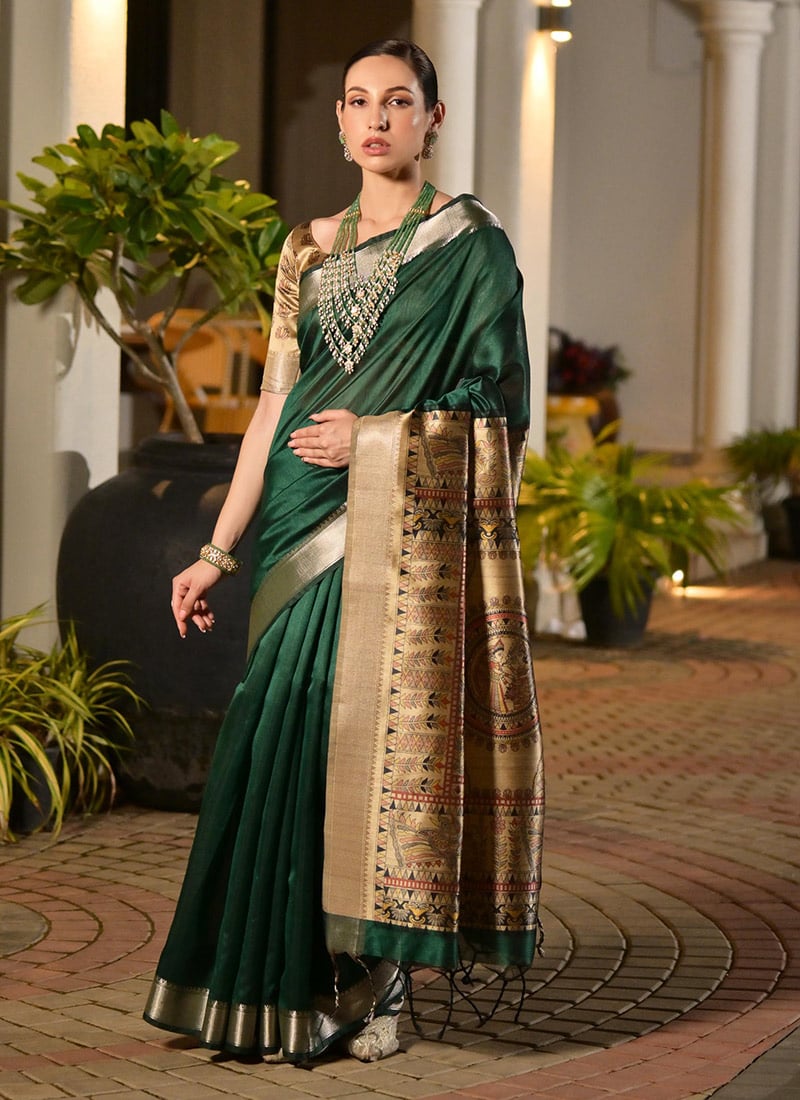 Green Khadi Raw Silk Madhubani Printed Zari Woven Saree