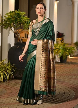 Green Khadi Raw Silk Printed With Zari Woven Saree