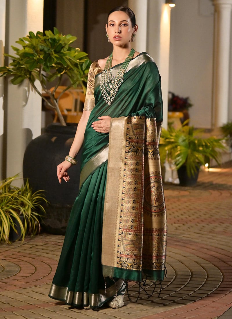 Green Khadi Raw Silk Printed With Zari Woven Saree Festive Wear
