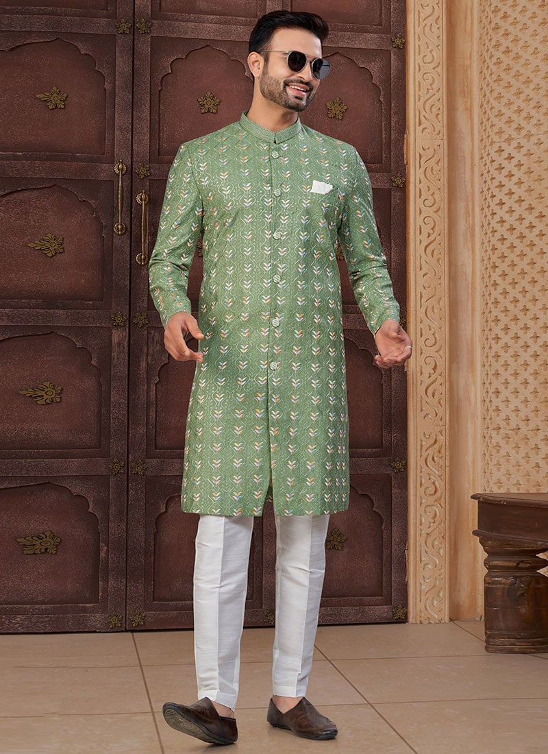 Green Kora Shine Silk Embroidered Sequins Indowestern Sherwani Wedding Wear