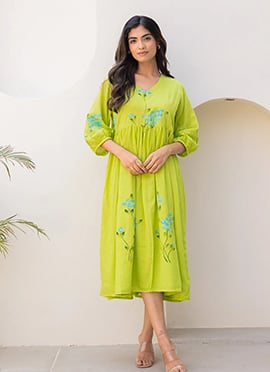 Green Kota Cotton Floral Digital Printed Fit And Flare Dress