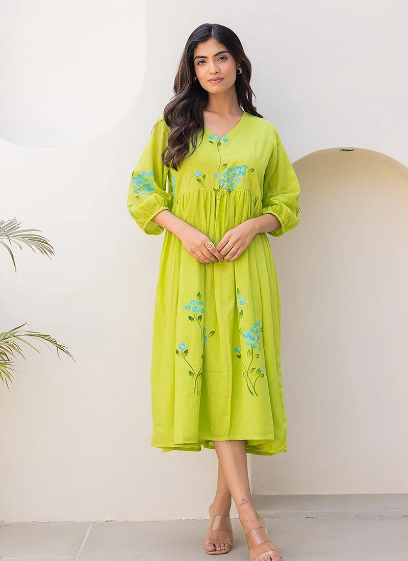 Green Kota Cotton Floral Digital Printed Fit And Flare Dress After Six Wear