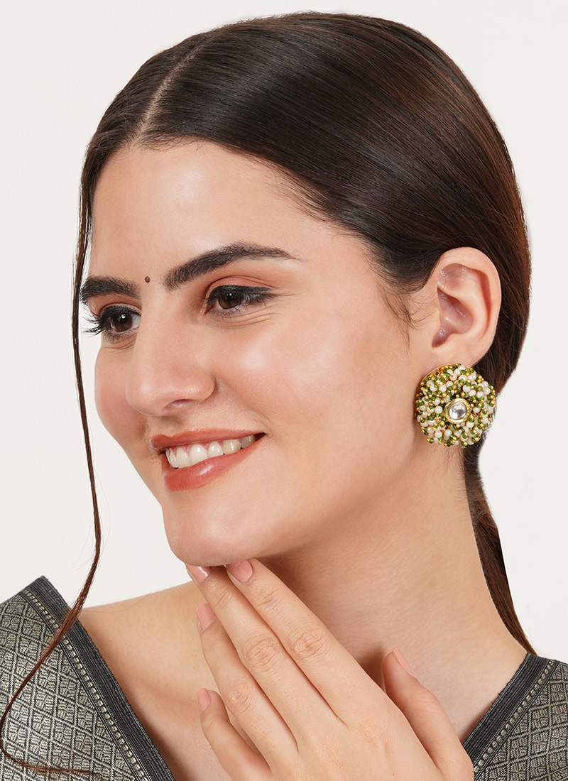 Green Kundan And Beads  Studs Festive Wear