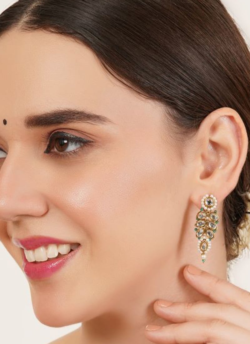 Green Kundan And Beads Adorned Danglers Festive Wear
