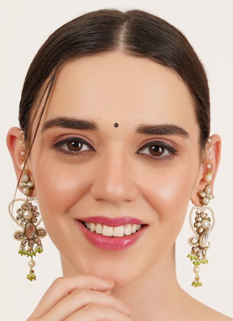 Green Kundan And Beads Adorned Danglers Festive Wear