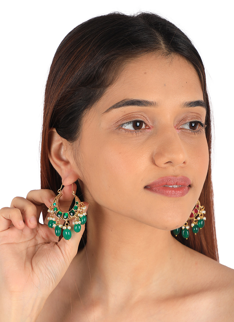 Green Kundan And Beads Chaand Bali Festive Wear