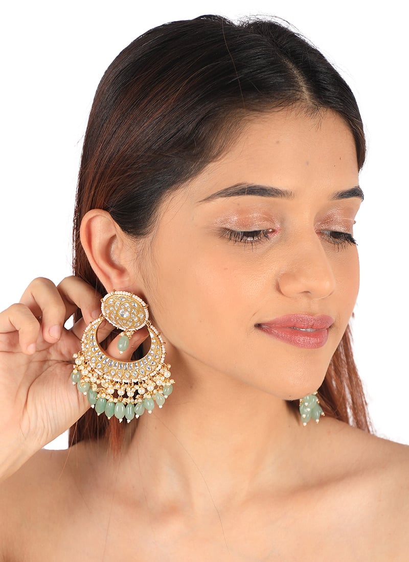 Green Kundan And Beads Chaand Bali Festive Wear