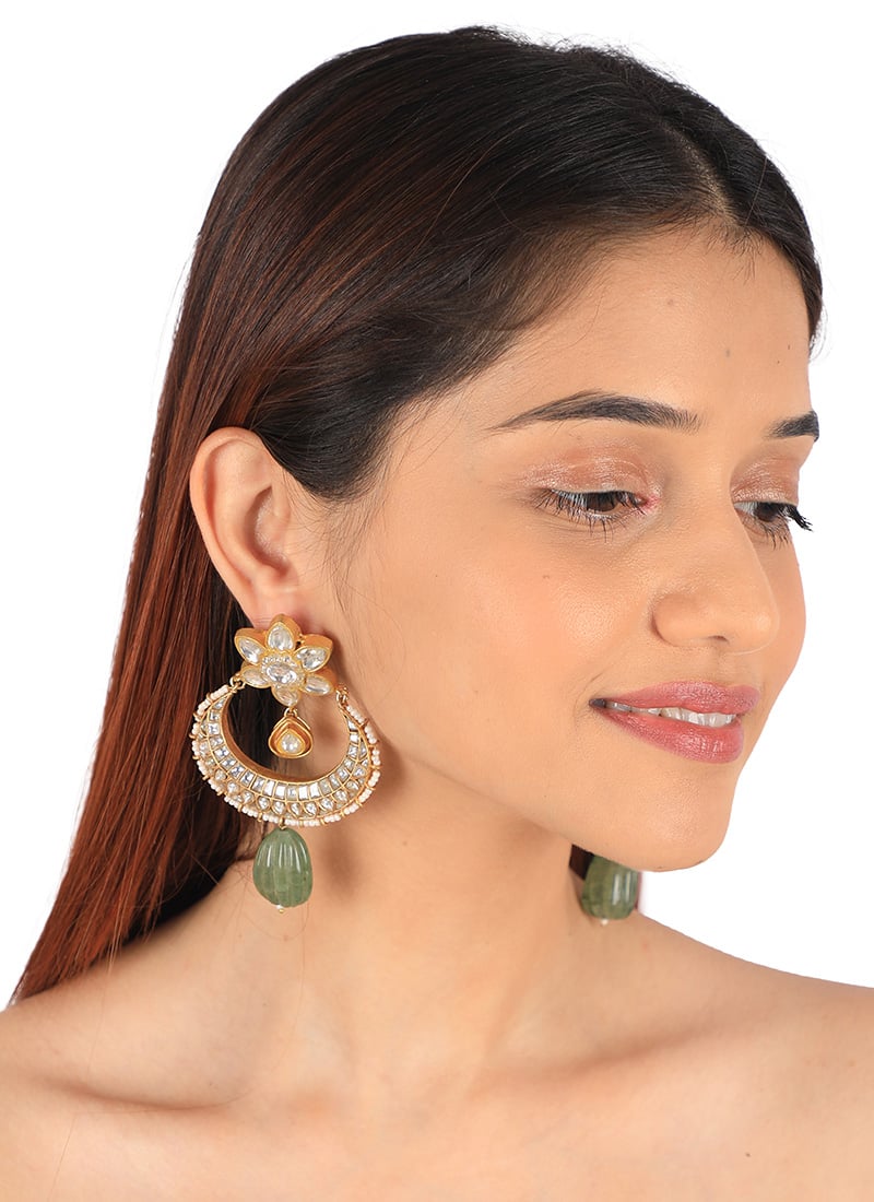Green Kundan And Beads Chaand Bali Festive Wear