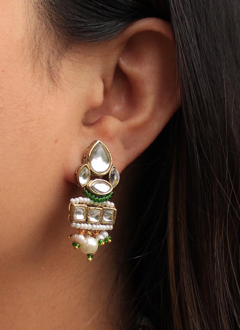 Green Kundan And Beads Drops Festive Wear