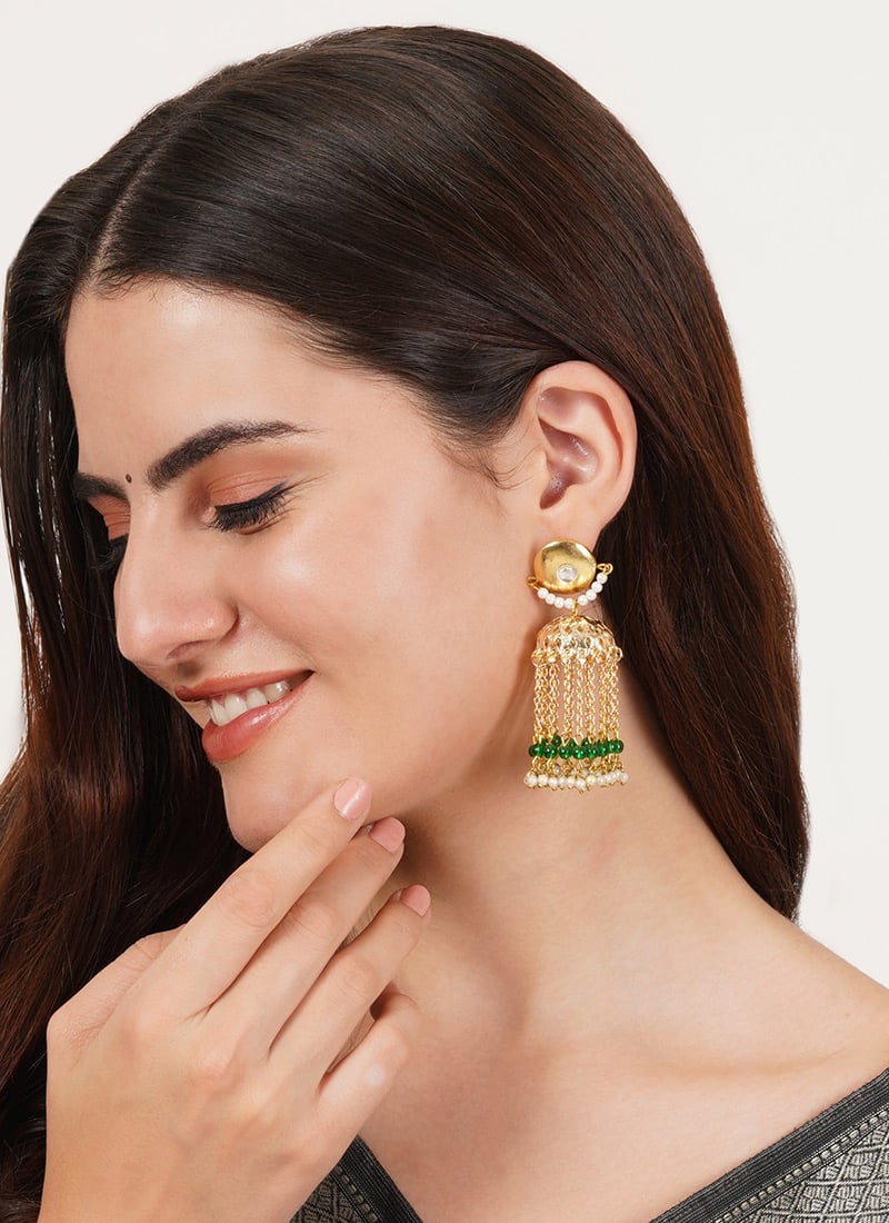 Green Kundan And Beads Jhumka After Six Wear