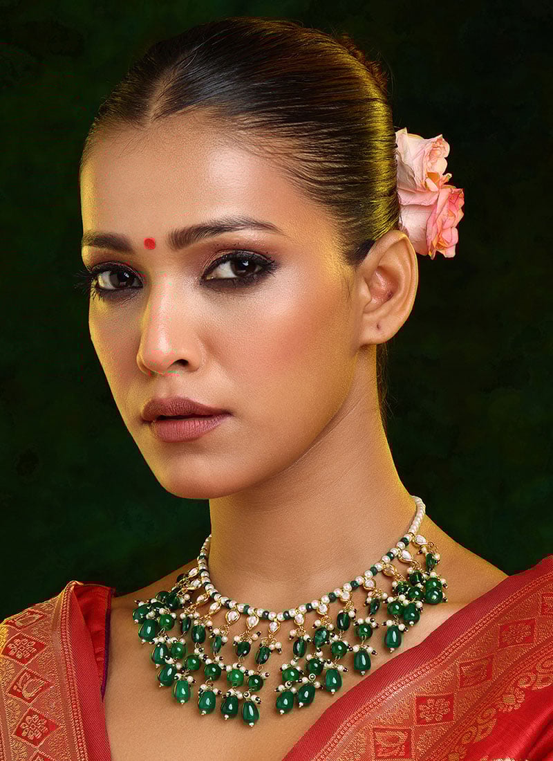 Green Kundan And Beads Necklace Festive Wear
