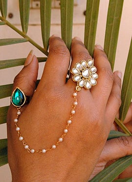 Green Kundan And Beads Work Ring