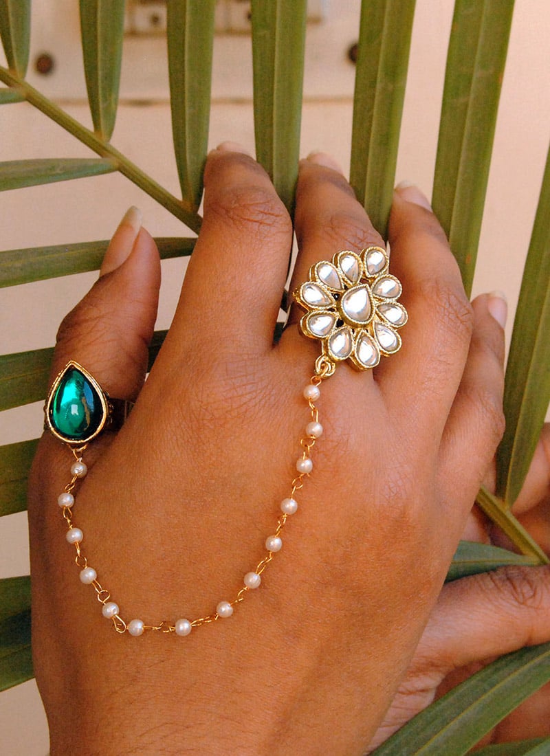 Green Kundan And Beads Work Ring