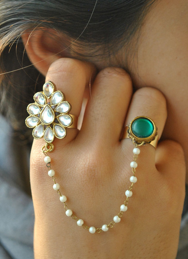 Green Kundan And Beads Work Ring Festive Wear