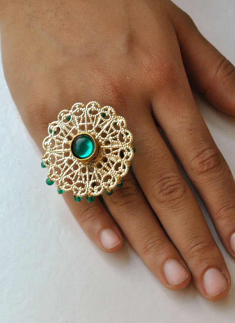 Green Kundan And Beads Work Ring Festive Wear