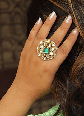 Green Kundan And Beads Work Ring