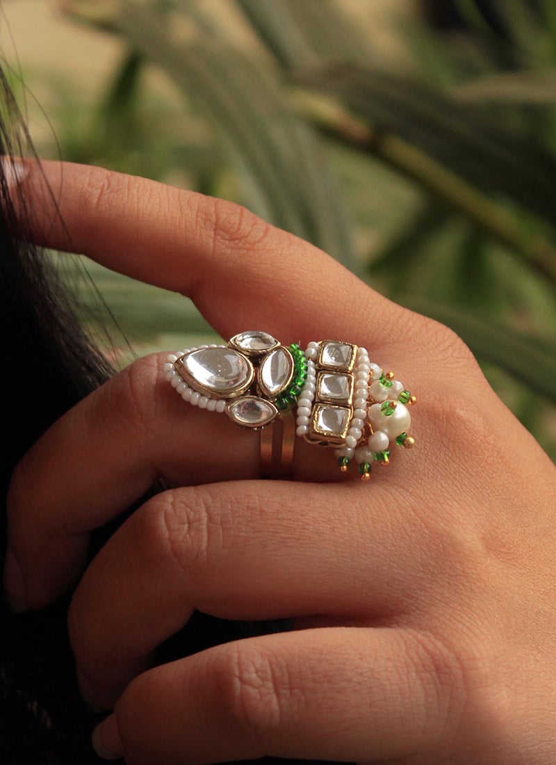 Green Kundan And Beads Work Ring