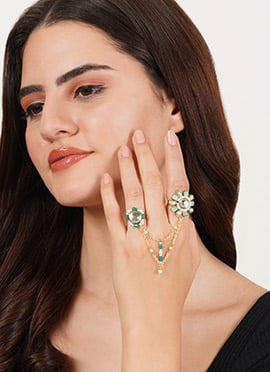 Green Kundan And Beads Work Ring