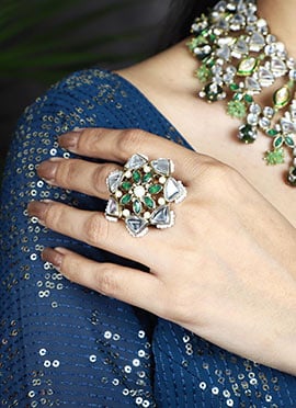 Green Kundan And Beads Work Ring