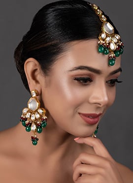 Green Kundan And Meenakari Work Chandeliers With Maangtikka