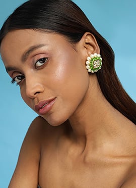 Green Kundan And Moti Adorned Studs