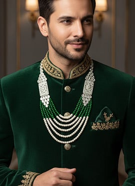 Green Kundan And Moti Layered Men Necklace