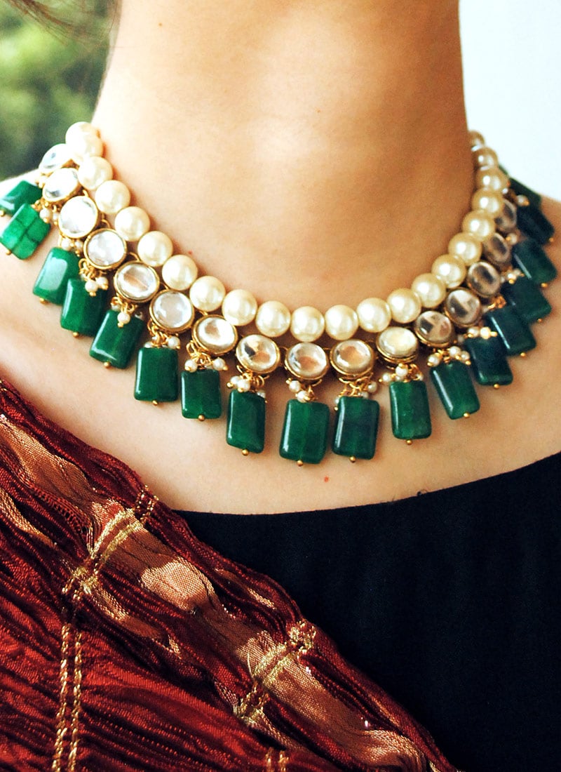 Green Kundan And Moti Necklace