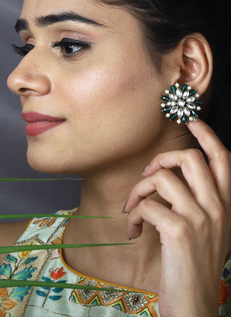 Green Kundan And Moti Studs Festive Wear
